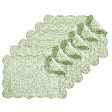 Hombys Quilted Placemats Set of 6 Washable-13X18 Inches Rectangular Placemats for Kitchen Table-100% Cotton Fabric Rectangular Table Mats, (White with Light Green)