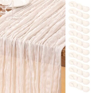 DeZerlor Ivory White Cheesecloth Table Runners 12 Pack Summer Boho Runners