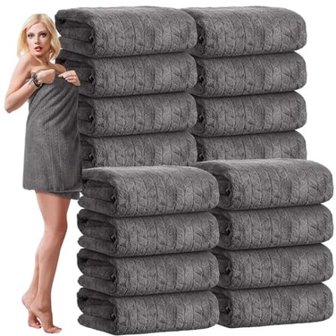 SmoothNovelty 16 Pack Microfiber Bath Towels Bulk, Gray, Wheat
