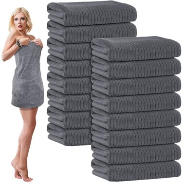 SmoothNovelty 16 Pack Microfiber Bath Towels Bulk, Deep Grey, Stripe