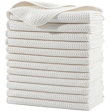 Polyte 340 Gsm Microfiber Waffle Kitchen Dish Tea Towel, 16X28 in, 12 Pack