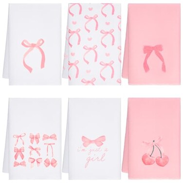 Macarrie 6 Pcs Coquette Kitchen Towels Microfiber Pink Bow Towels