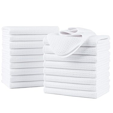 Polyte 340 Gsm Microfiber Waffle Kitchen Dish Tea Towel, 16X28 in, 18 Pack