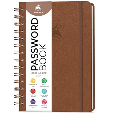 Clever Fox Password Book Keeper Notebook, Spiral-Bound Medium Brown
