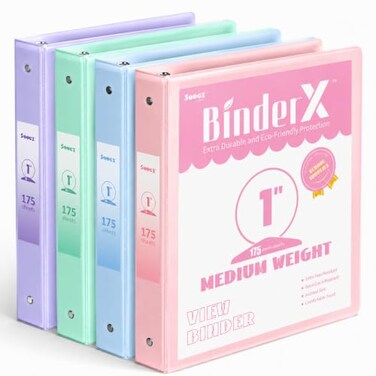 Sooez 4 Pack 3 Ring Binders 1 Inch, Sooez 1" Three Round Ring Binder with Pockets
