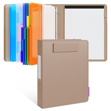 JoyCat 3 Ring Binder Clipboard with Storage, 5 Folders, Khaki