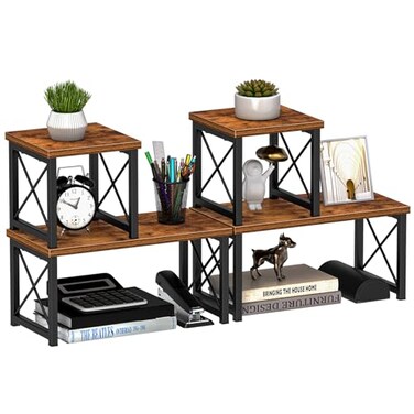Honiter 2 Sets Desk Shelf, Desktop Organizer Shelf, 2 Tier Independent Stackable Desktop Shelves, Desktop Office Storage Rack Display Shelf