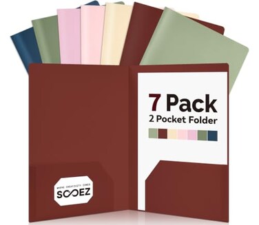 Sooez 7Pack Folders with Pockets, Plastic Pocket Folders with Extra Labels