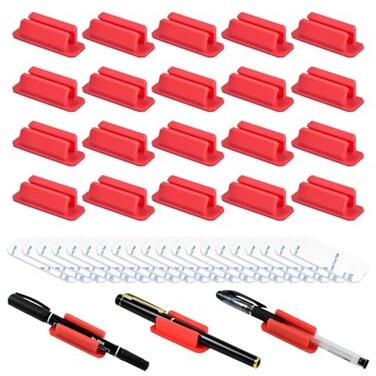 SameTech 20 Pack Adhesive Silicone Pen Holders, Red Stick-on Pencil and Marker Clips