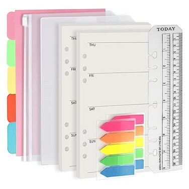 Harphia A5 6 Holes Binder Refill Value Set,90sheets Weekly Plan Paper with Sticker and Divider, Week Planner Inserts with Binder Pockets for A5 Binder 6 Hole Refillable Notebook,005da5week
