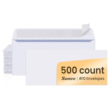 Sunee 10 Security-Tinted Self Seal Envelopes 500 Pack White Windowless Mailing Envelopes, 24LB Printer Friendly for Business, Home &amp; Office Use (4-1/8 X 9-1/2")