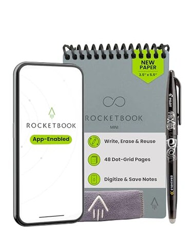 Rocketbook Mini Reusable Smart Notepad, Dotted Pages, 3.5x5.5, Gray