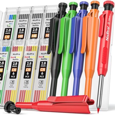 Nicpro 5 Pack Carpenter Pencil with Sharpener &amp; Holster, Carpenter Tools