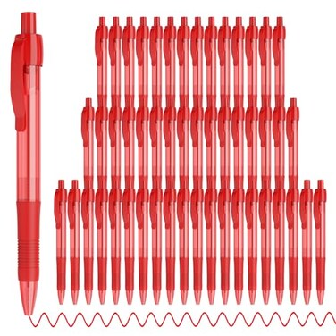 Deegtran Pens Bulk, 50 Pack No Bleed Red Ink Click Pens with Soft Grip, Wholesale Retractable Ballpoint Pens for Office School, Medium Point Smooth 1.0MM