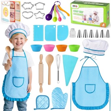 LovesTown 32PCS Kids Baking Set, Chef Hat &amp; Apron with Cooking Tools, Blue