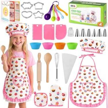 LovesTown 32PCS Kids Baking Set, Chef Hat &amp; Apron with Cooking Tools, White