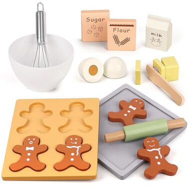 Pillowhale Wooden Gingerbread Cookie Baking Set, Toddler Play Baking Set