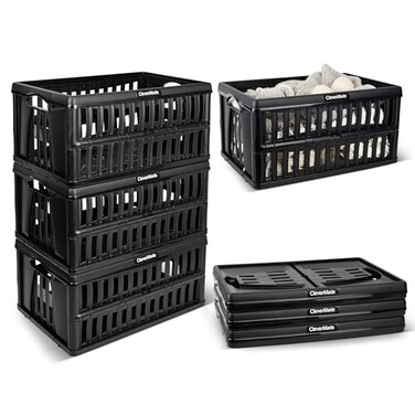 CleverMade Collapsible Utility Crates, 60L Storage Crate, 3 Pack, Obsidian