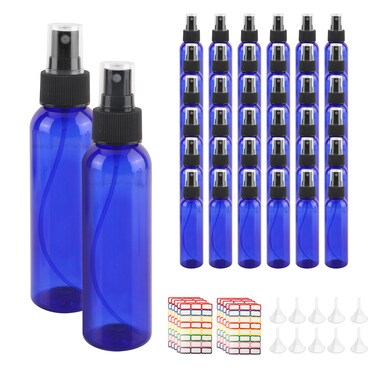 Yeuikerr 36 Pack Blue Small Spray Bottles 4 Oz/120 Ml Plastic Spray Bottles, Fine Mist Empty Small Travel Spray Bottle, Refillable Mini Sprayer Empty Bottle Bulk with 10 Funnels and 10 Labels