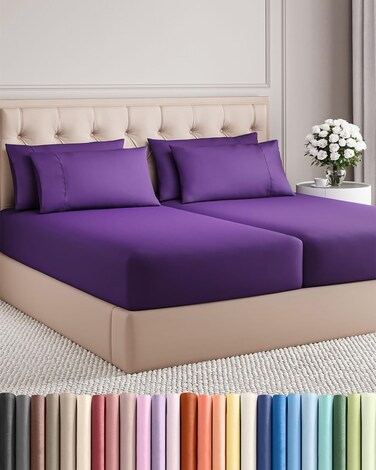 CGK Unlimited Split King 7PC Bed Sheet Set - Breathable &amp; Cooling - Purple