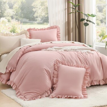 Litanika Full Comforter Set, 3 Pieces Blush Ruffle Bedding Set