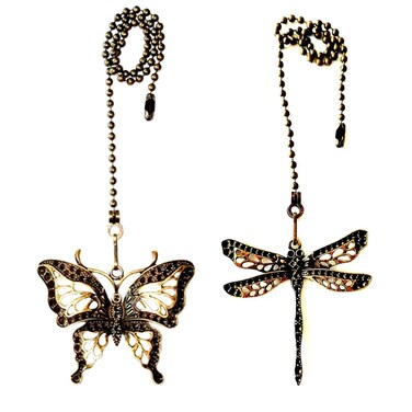 Gdqlcnxb Ceiling Fan Pull Chain Ornaments Extension,12 Inches Lighting and Fan Beaded Ball Fan Pull Chain Extender with Connector, Dragonfly and Butterfly Ceiling Fan Pull Chain Set-2Pcs