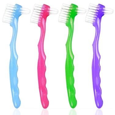 Geodurn 4 Pieces Denture Brush, Small Toothbrush for Dentures, Multi-Layered Bristles Ergonomic Rubber Handle for False Teeth Cleaning