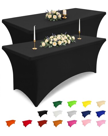 Smiry 2 Pack Spandex Table Cloth 6FT, Elastic Fitted Black Tablecloth