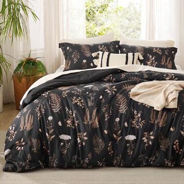Bedsure Black Floral Queen Comforter Set, Breathable Fall Bedding 3 Pcs