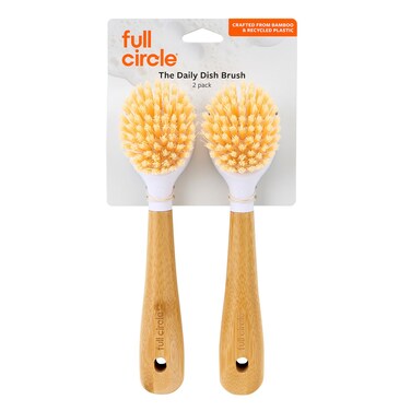 Full Circle Kitchen Dish Brush, Bamboo Handle & Strong Bristles, White 2PK