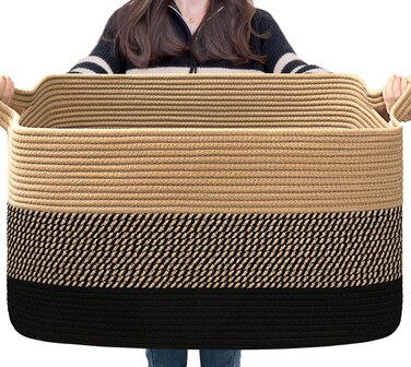 Goodpick Large Woven Blanket Basket, Rectangle, Black Jute, 75L