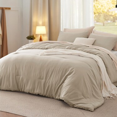 Bedsure King Comforter Set Prewashed Soft Bedding Set 3PCS Sand 104"x90