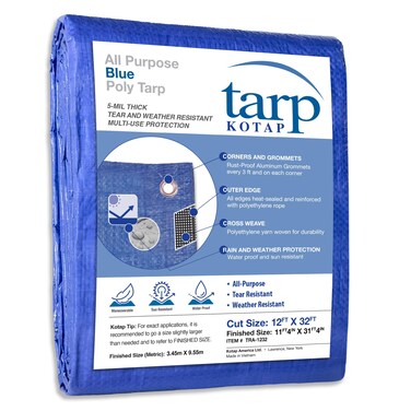 Kotap 12 X 32 Ft. All-Purpose Multi-Use Protection/Coverage 5-MIL Poly Tarp, Waterproof, Blue, (TRA-1232)
