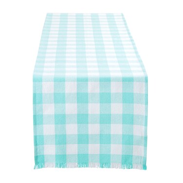 Dii Fringed Check Tabletop, Table Runner, 14X72, Aqua