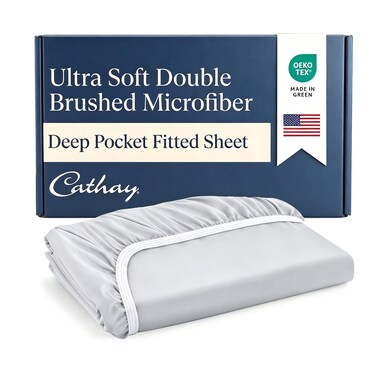 Cathay Home Full Fitted Sheet Only, 14" Deep Pocket Ultra Soft, Light Gray