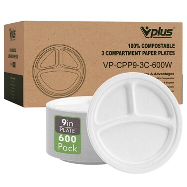 Vplus Compostable Plates, 600 Pack 9 Inch 3 Compartment Plates, White