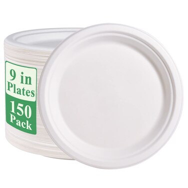 Vplus 150 Pack Compostable Bagasse Paper Plates 9 Inch, White