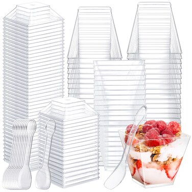 Jeffbaubl 100 Pack Dessert Cups, 2 Oz Plastic, Square Design, Clear