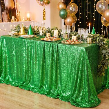 QueenDream Rectangle Tablecloth 90X132Inch Green Sequin Table Cloth Overlay
