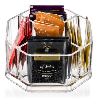 Hiceeden Acrylic Tea Bag Organizer, 5 Compartment Sugar Packets Holder Divided Coffee Condiment Storage Caddy Box for Kitchen Cabinet, Countertop, Tabletop