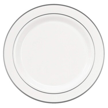 Party Essentials Divine Plastic Dinnerware Disposable Plates for Party, Real China Look, White Silver Rim, 10" 12-Count