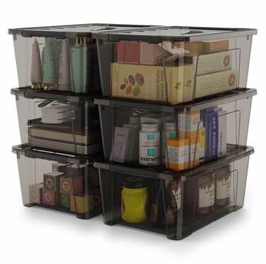 Wyt 5-Quart Small Plastic Storage Container Bin with Secure Lids and Latch Buckles, Black Clear Durable Stackable Nestable Organizin, 6-Pack