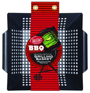 Tablecraft Bbq Nonstick Square Grilling Basket with Steel Handle, Small/Medium, Black