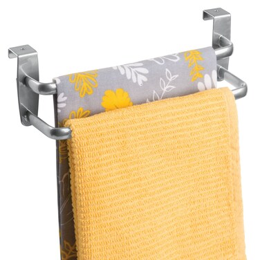 mDesign Over-the-cabinet Kitchen Dish Towel Holder with Two Bars - 9", Silver