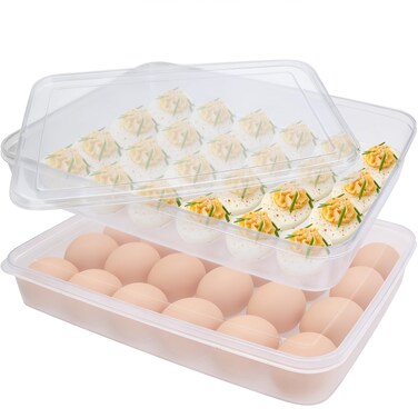 Anyumocz 2 Pack Covered Egg Holder, Clear Egg Holder Storage Container, Stackable Plastic Refrigerator Egg Trays for Deviled Egg, Protect and Keep Fresh(48 Eggs)