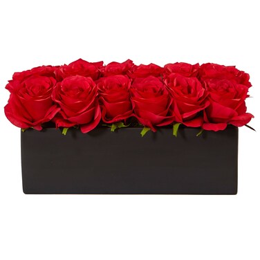 Nearly Natural Dozen Silk Roses in Ceramic Rectangular Planter
