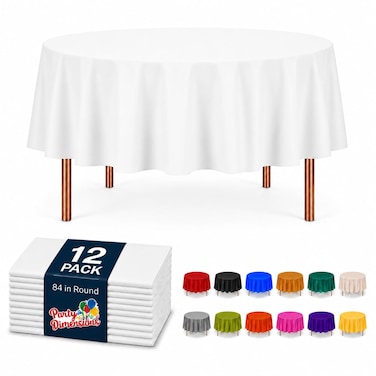 Party Dimensions White Disposable Plastic Tablecloth, Round, 84", 12 Pack