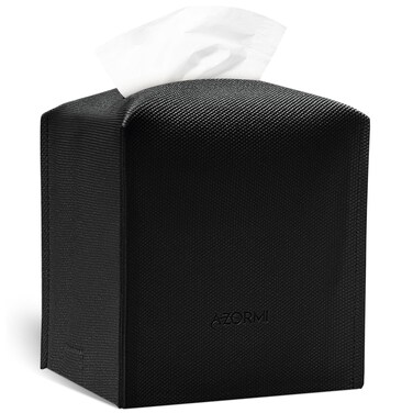 Azormi Tissue Box Cover, Pu Leather Tissue Box Holder with Bottom Belt, Modern Square Tissue Box Covers with Wide Opening (Black, Woven Patterns)