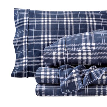 Bare Home Flannel Sheet Set Prints (Full, Stirling Plaid - Blue/White)