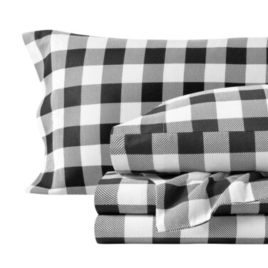 Bare Home Flannel Sheet Set Prints (Split King, Plaid - White/Black)
